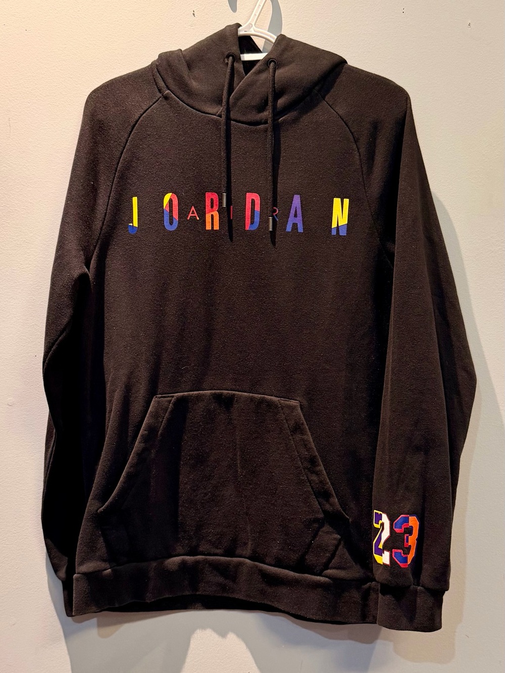 Jordan Black Hoodie with Multicolor Lettering & '23 Sleeve